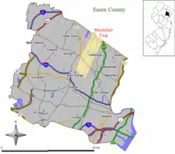 Map of Montclair in Essex County. Inset: Location of Essex County in the State of New Jersey.