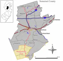 Map of Montgomery Township in Somerset County. Inset: Location of Somerset County highlighted in the State of New Jersey.