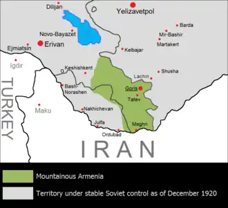 نقشه از ۱۹۲۱
سبز: محدوده جمهوری ارمنستان کوهستانی
خاکستری: قلمروها تحت کنترل پایدار اتحاد شوروی از دسامبر ۱۹۲۰
