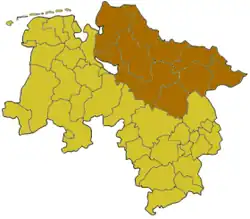 نقشهٔ ایالت Lower Saxony؛ قسمت روشن‌شده، former منطقهٔ دولتی لونبورگ (منطقه) را نشان می‌دهد.