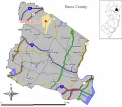 Map of North Caldwell in Essex County. Inset: Location of essex County highlighted in the State of New Jersey.