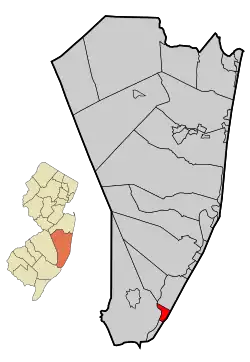 Map of Beach Haven in Ocean County. Inset: Location of Ocean county highlighted in the State of New Jersey.