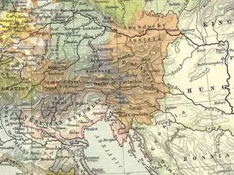آرشیدوک‌نشین اتریش در داخل سرزمین‌های Habsburg hereditary (نارنجی), ۱۴۷۷