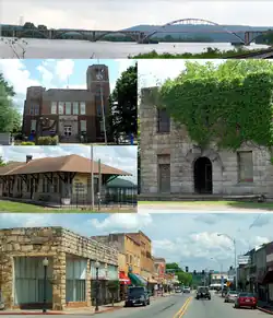 Clockwise, from top: Highway 23 bridge over the رود آرکانزاس, historic Franklin County Jail, Ozark Courthouse Square Historic District, Ozark Depot, Franklin County Courthouse