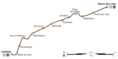 Geographically accurate route of Métro Line 11.