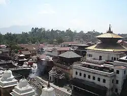 Streetscene with various characteristically shaped temple buildings.
