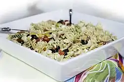 A pasta salad prepared with fusili pasta