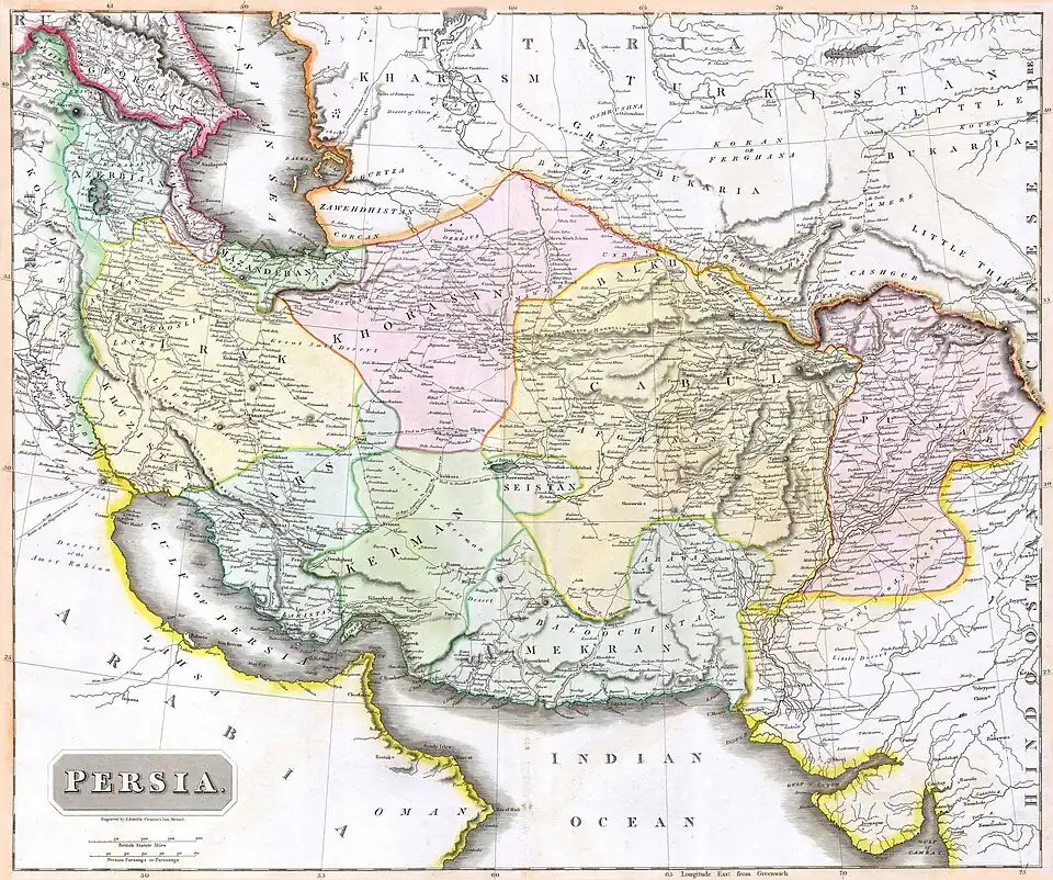 سراسرنمای نقشه قدیم ایران، ایالت بزرگ کرمان که چنداستان را در برمی گرفتهاست