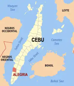Map of Cebu showing the location of Alegria