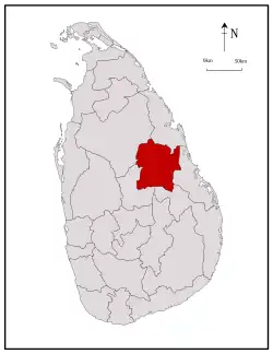 Area map of Polonnaruwa District, roughly square in shape, located at the middle from north east of the centre of the country and south west of the north eastern coast, in the North Central Province of Sri Lanka