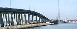 Ponquogue Bridge over Shinnecock Bay (new span on left) looking toward the Coast Guard station