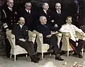 از چپ به راست: کلمنت اتلی، هری ترومن و استالین در کنفرانس پوتسدام، ژوئیه ۱۹۴۵