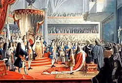 فریدریش دوم،  being anointed by two Protestant bishops after his coronation at کونیگسبرگ، پروس in 1701.