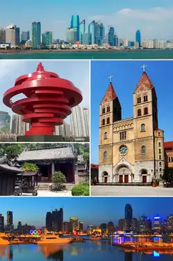 Clockwise from top left: Qingdao skyline, St. Michael's Cathedral, Qingdao harbour by night, a temple at the base of Mount Lao, and May Fourth Square