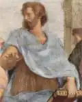 ارسطو نیز دست راستش را توازی با زمین گرفته که نشانگر تفکرات واقع‌گرایانه اوست، با دست دیگر نیز کتاب "اخلاقیات" خود را دربردارد.