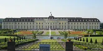 Photograph of Ludwigsburg Palace and the Blooming Baroque gardens seen from the south.