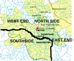 Richmond is often subdivided into North Side, Southside, East End و West End. Short Pump lies near Richmond's "Far West End."