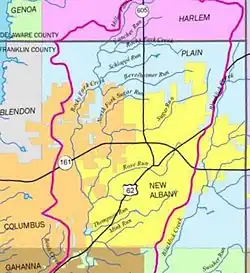 The course of the Rocky Fork Creek in New Albany (yellow) and Plain Township (blue), in the northeastern corner of Franklin County