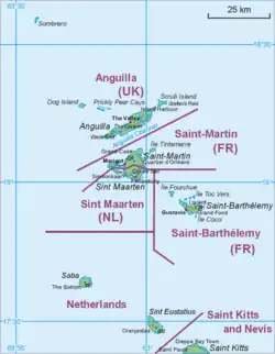 Map showing location of Saba relative to سینت یوستیشس و سن مارتن.