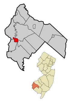 The City of Salem highlighted in Salem County. Inset map: Salem County highlighted in the State of New Jersey.