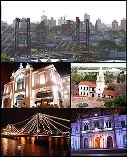 از بالا چپ: Panoramic view of the city; Municipal Theatre; Plaza Las Tres Culturas; Puente Colgante at night and the National University of the Littoral