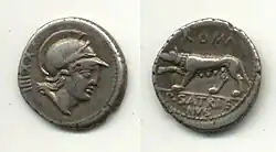گرگ ماده بر روی سکه‌ای از حدود ۷۷ پیش از میلاد. سوی دیگر آن سر مارس است.