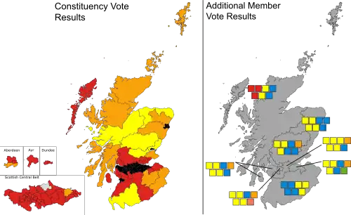 A map showing the constituency winners of the Election by their party colours.