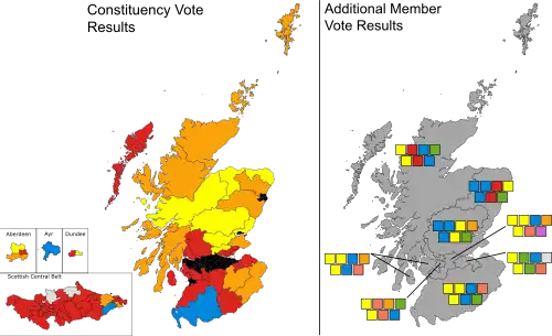 A map showing the constituency winners of the Election by their party colours.