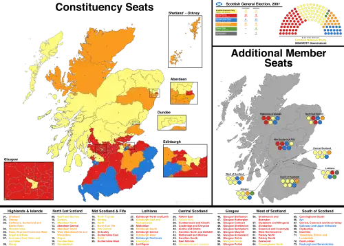A map showing the constituency winners of the Election by their party colours.
