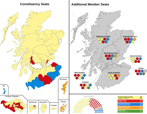 A map showing the constituency winners of the Election by their party colours.