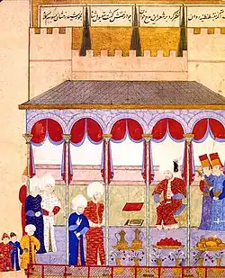 دیدار سلطان سلیم دوم با سوکلو محمد پاشا و سید لقمان از شاهنامهٔ سلیم خان