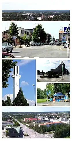 Top: Panorama view of Seinäjoki from the Jouppilanvuori hill, 2nd: Torikeskus Street and Koulukatu area, 3rd left: Lakeuden Risti Church, 3rd upper right: Aalto Center (Aaltokeskus), 3rd lower right: Lakeuden Risti Park, Bottom: View of downtown Seinäjoki from Alvar Aalto Tower