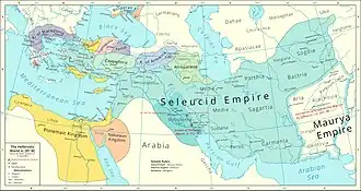 گستره امپراتوری سِلوکی (آبی روشن) در هنگام مرگ سلوکوس یکم، ح. ۲۸۱ پ. م.