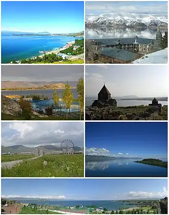 از بالا چپ:
Sevan landscape&nbsp;• Vaskenian Theological AcademySevan peninsula&nbsp;• سواناوانکافق مریی سوان&nbsp;• دریاچه سواننمایی Panoramic از ساحل سوان