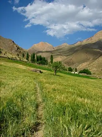 مسیر کوه شاه‌وار و نمای قله آن از بالادست روستای تاش