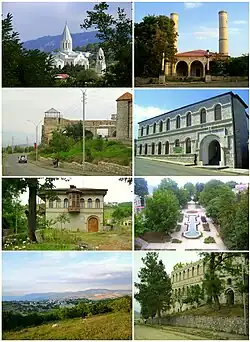 آثار برجسته شهر شوشی:از بالا چپ: کلیسای جامع غازانچتسوتس • مسجد جامع گوهریه یوخاریدژ شوشی • نگارخانهٔ ملیموزهٔ تاریخ • پارک مرکزیچشم‌انداز شهر شوشی • خانه خورشیدبانو ناتوان