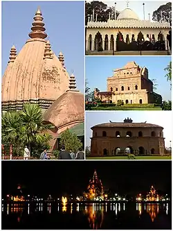 Clockwise from top: Sivadol, Ajanpir Dargah, Garhgaon's Kareng ghar, Rang ghar and night view of Sivasagar tank