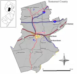 Map highlighting Somerville's location within Somerset County. Inset: Somerset County's location within New Jersey