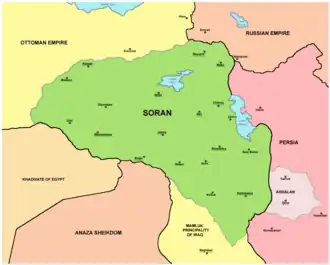نقشه امارت سوران در بزرگ ترین اندازه خود در جریان شورش میر محمد سوران