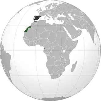 سبز: Spanish Sahara.خاکستری تیره: سایر امپراتوری اسپانیا.خاکستری تیره‌تر: Spain.