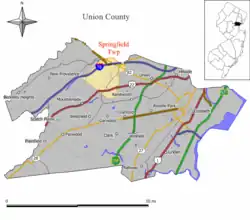 Map of Springfield Township in Union County. Inset: Location of Union County highlighted in the State of New Jersey.