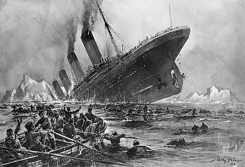 Painting of a ship sinking by the bow, with people rowing a lifeboat in the foreground and other people in the water. Icebergs are visible in the background
