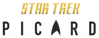 Over a white background the words "Star Trek" are written in yellow letters above the word "Picard" in black, with the 'A' in "Picard" replaced by the Starfleet logo.