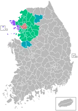 Red: Seoul, Violet: Incheon, Green: Gyeonggi-do, Blue: other commuter areas