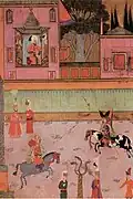 نقاشی مینیاتور از مراسم رژهٔ از دو سوار غازی در مقابل سلطان مراد سوم