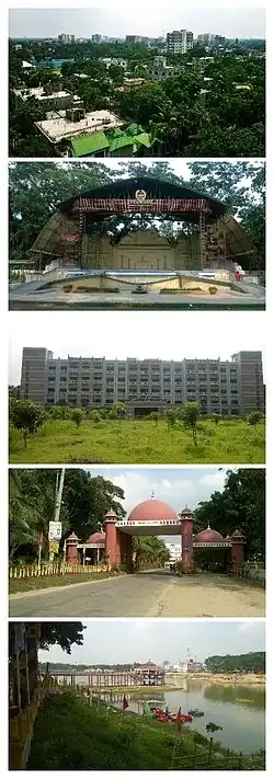 From top to bottom: 1. The city skyline from "Suparibagan"; 2. The Open Stage of Tangail Poura Uddan; 3. ناحیه تانگیل Court Building; 4. The city gate, شمس الحق Toron"; 5. DC Lake at District Headquarters