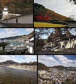 Top left:Tatsuno Castle, Top right:Tatsuno Park, left:Tatsuno Castle, Top right:Tatsuno Park, Middle left:Port of Murotsu, Middle right:iinonimasu Amaterasu Shrine, Bottom left:Ibo River, Bottom right:Panorama view of downtown Tatsuno