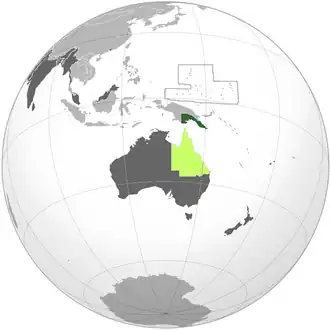 Green: Territory of PapuaLight green: کوئینزلند (annexed Papua in 1883)Dark grey: Other امپراتوری بریتانیا