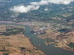 Aerial view of The Dalles from the Washington side of the Columbia River