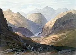 گردنه خیبر در قسمت علی مسجد،  سنگ نگاری شده توسط جیمز رتری،  ۱۸۴۸